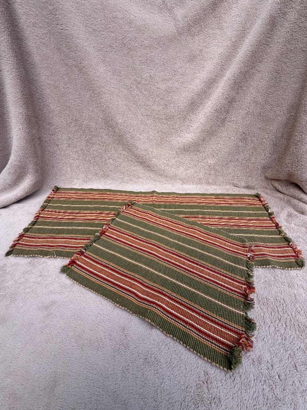 Country Plaid Striped Table Runner & Placemat Set Olive Green Red Farmhouse